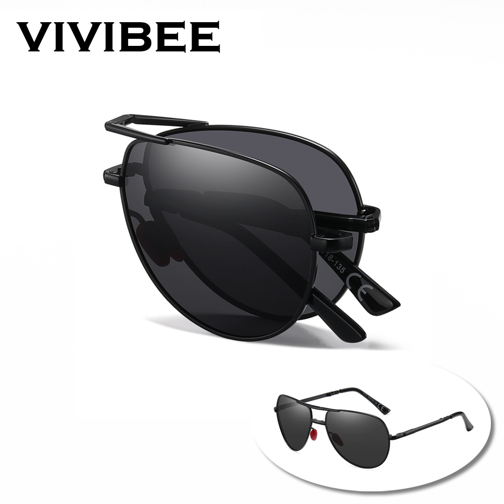 Sunglasses Aviator Polarized - VIVIBEE Metal Pilot Black Folding Sunglasses