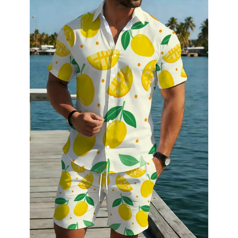 Short Linen Drawstring - Men Linen Print Short Sleeve Shirt