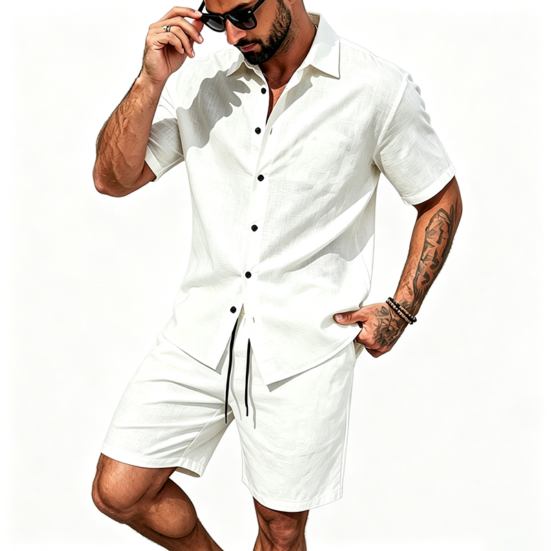 Men Linen Two Piece Outfit Sho - Short Linen Drawstring review and price